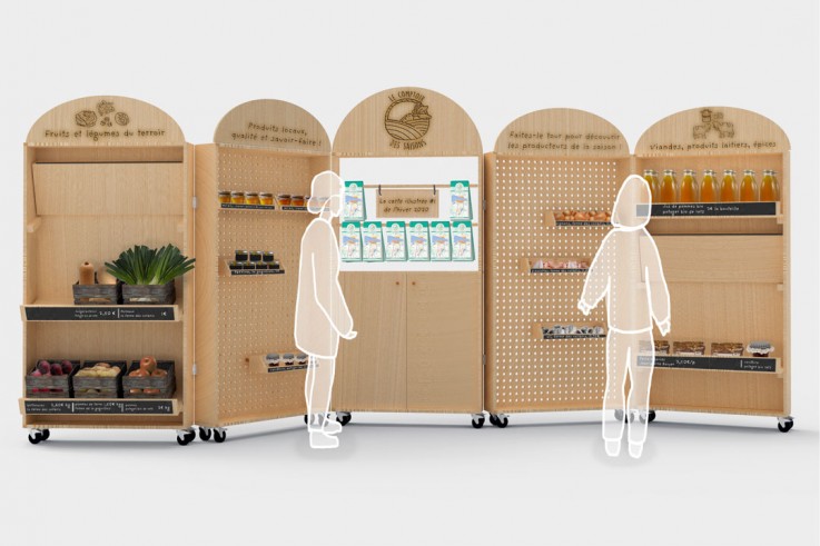Grâce à des panneaux modulaires, Le comptoir des saisons s’adapte à son lieu d’implantation